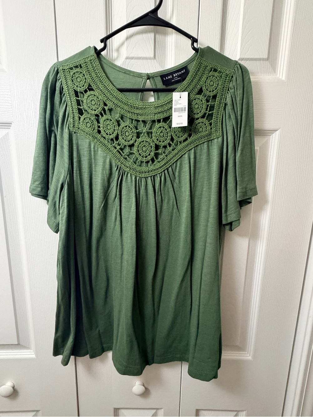 Lane Bryant Olive Green Crochet Yoke Short Sleeve Top